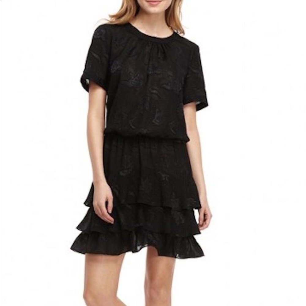 Cooper & Ella Phoebe Ruffled Black Dress Womens XS Short Sleeve Midi